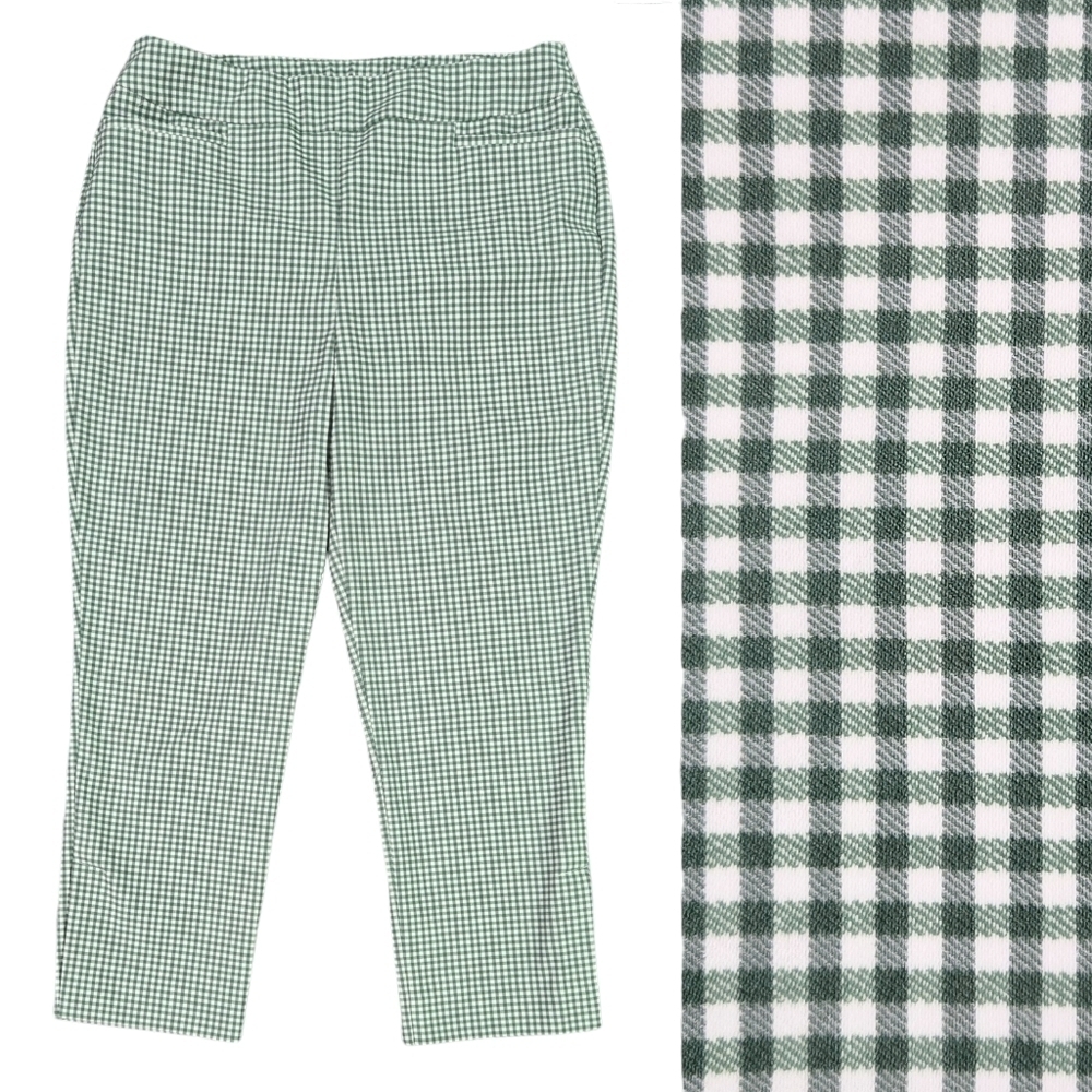 Chico's Brigitte Green White Gingham Pull On High Vent Crop Pants Pockets